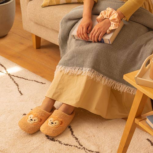 Duffy and Friends plush slippers (room shoes) from Tokyo DisneySea, featuring fluffy brown fur and Duffy bear face design - DARUMA AUSTRALIA PTY LTD