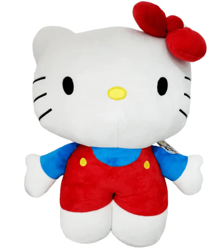 Official Hello Kitty classic plush toy, a soft white cat stuffed animal with a red bow and blue overalls.