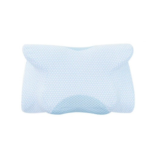 DEAR.MIN upgraded sleep-saving anti-snoring ergonomic pillow shown from a side angle, highlighting its contoured design for better sleep.