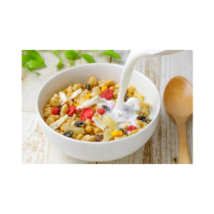 Close-up of the crunchy baked grains and dried fruit pieces in Calbee Frugra - DARUMA AUSTRALIA PTY LTD