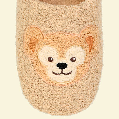 Duffy and Friends plush slippers (room shoes) from Tokyo DisneySea, featuring fluffy brown fur and Duffy bear face design - DARUMA AUSTRALIA PTY LTD