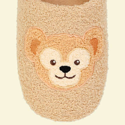 Duffy and Friends plush slippers (room shoes) from Tokyo DisneySea, featuring fluffy brown fur and Duffy bear face design - DARUMA AUSTRALIA PTY LTD