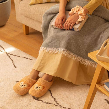 Duffy and Friends plush slippers (room shoes) from Tokyo DisneySea, featuring fluffy brown fur and Duffy bear face design - DARUMA AUSTRALIA PTY LTD