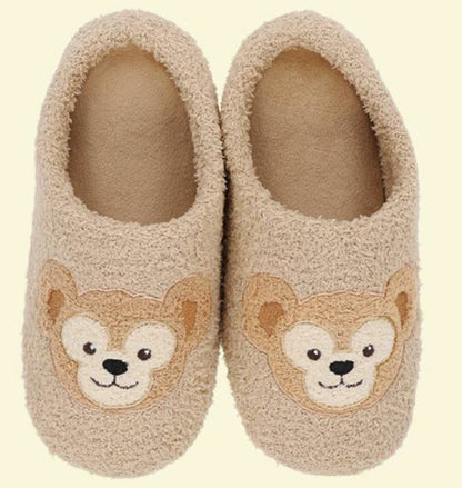 Duffy and Friends plush slippers (room shoes) from Tokyo DisneySea, featuring fluffy brown fur and Duffy bear face design - DARUMA AUSTRALIA PTY LTD