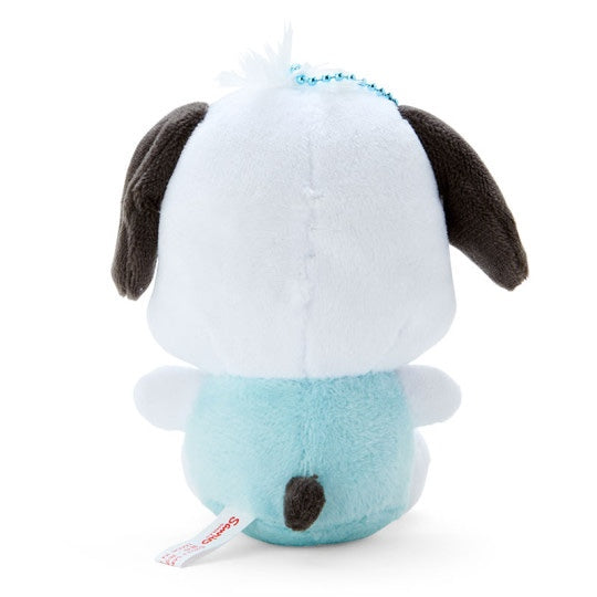 Pochacco white puppy mascot holder figure wearing his signature red shirt, official Sanrio merchandise.