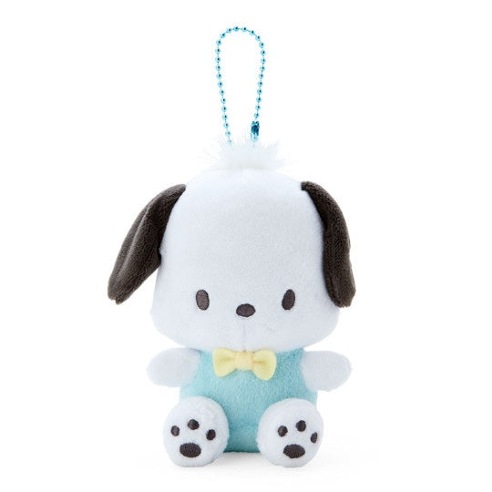 Pochacco white puppy mascot holder figure wearing his signature red shirt, official Sanrio merchandise.