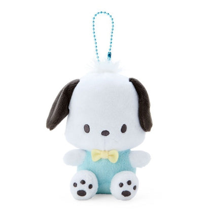 Pochacco white puppy mascot holder figure wearing his signature red shirt, official Sanrio merchandise.