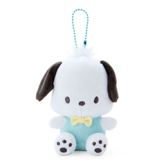 Pochacco white puppy mascot holder figure wearing his signature red shirt, official Sanrio merchandise.