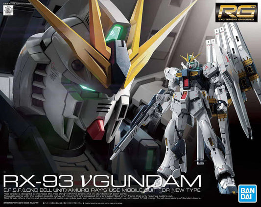 Model kit of RX-93 νGundam with detailed design and branding on a dark background