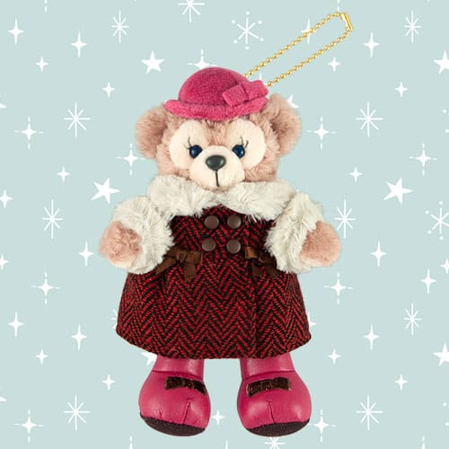 ShellieMay plush badge from Tokyo DisneySea Winter Twinkling Town wearing a pink coat and cream beret- DARUMA AUSTRALIA PTY LTD