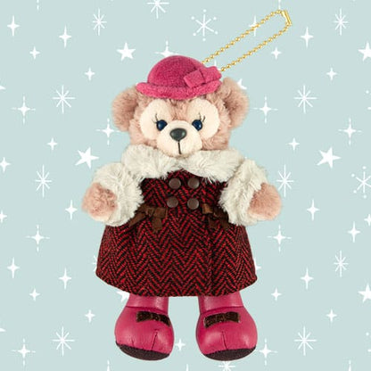 ShellieMay plush badge from Tokyo DisneySea Winter Twinkling Town wearing a pink coat and cream beret- DARUMA AUSTRALIA PTY LTD
