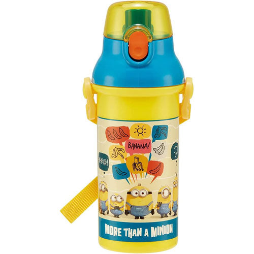 Skater Minion Fever 480ml water bottle for kids, featuring a one-touch push button lid and adjustable shoulder strap, yellow Minions design - DARUMA AUSTRALIA PTY LTD