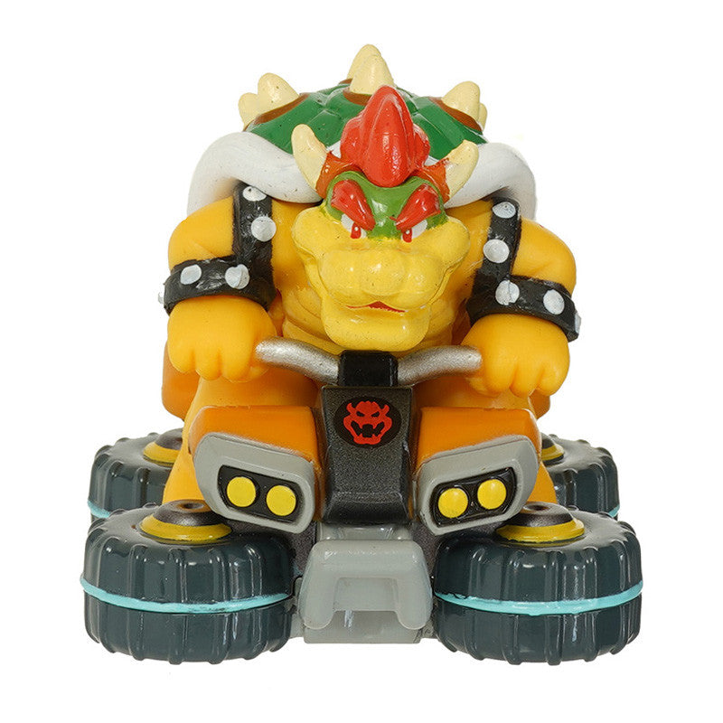 Toy figure of a character with a yellow body, green head, and black wheels on a white background